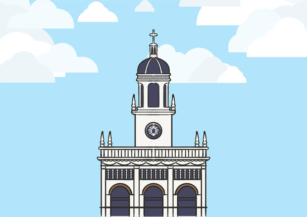 Tájkép grafika kép Santa Cruz templom, az egyik római katolikus templom Bangkok, Thaiföld, kék ég és fehér felhő. - Vektor, kép