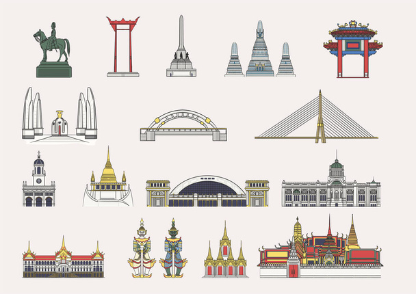 La colección de elementos de ilustración famosos monumentos en Bangkok, Tailandia para obras de arte y diseño gráfico. - Vector, Imagen