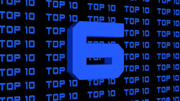 Ilustración gráfica abstracta en 3D - dígitos del top 10 - número de pantalla única 6 - letras TOP 10 repetidas dispuestas sobre un fondo negro - todos los elementos gráficos en color azul real brillante - Foto, Imagen