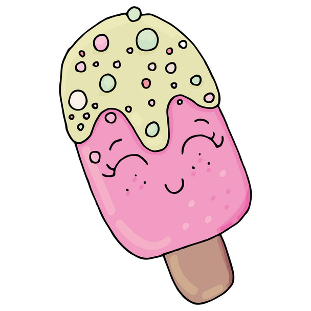 rózsaszín fagylalt nyalóka - jégkrém sárga cukormázzal és szórással, kawaii édességek, vektor, aranyos gyermek rajz - Vektor, kép