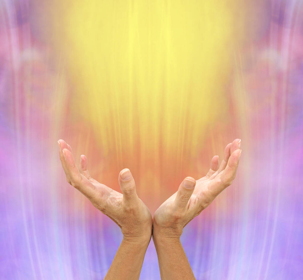 Bogata Złota Energia Uzdrawiająca płynie z intencją - kobiece dłonie sięgające do szybu złotej energii na różowym fioletowym tle - Zdjęcie, obraz