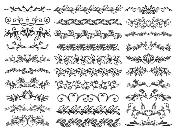 Floral borders or dividers templates set. Ornament borders with leaves, blooming flowers and raceme, divider with climbing plants steam, curved branches, tree blossom and berries vector decoration - Vector, Image