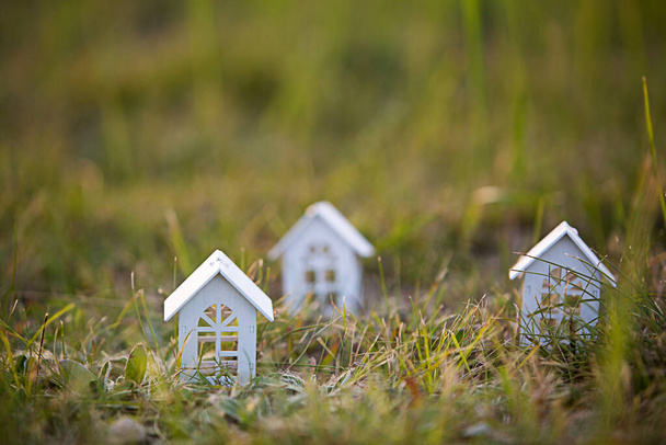 Figures of small white wooden houses on the grass close-up. The cottage is in a rural location and village, building, project, moving , mortgage, rent and purchase real estate. Copy space - Photo, Image