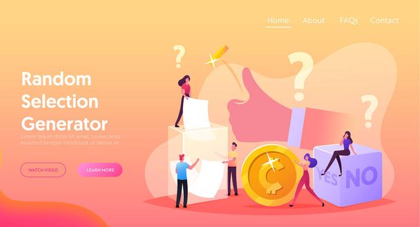 Random Selection Landing Page Template. Tiny Characters Throw Coin and Dice with Yes No Sides, Pulling Paper from Box - Vector, Image