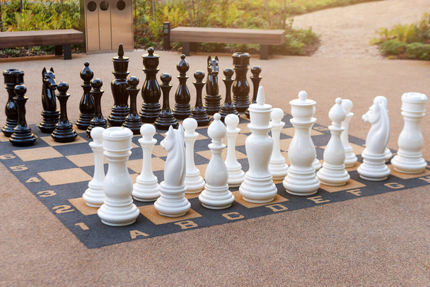 Outdoor chess board with big plastic pieces. Giant size chess in public area zone. Close up big pieces and giant chess board of street chess in the park. - Photo, Image