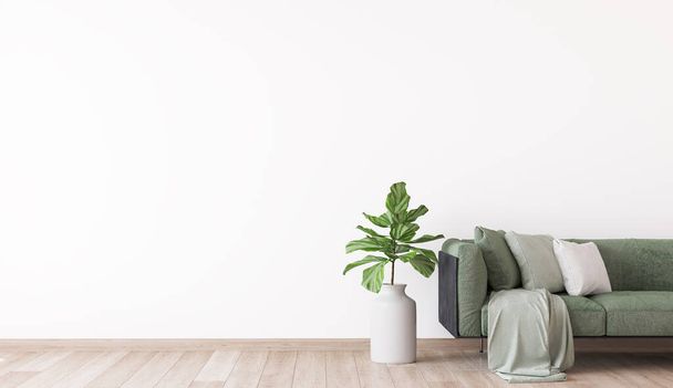 Moderne Wohnzimmer-Attrappe, grünes Sofa auf weißem Wandhintergrund, 3D-Render - Foto, Bild