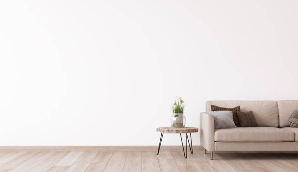 Κενός τοίχος στο μοντέρνο σαλόνι, μπεζ καναπές σε άδειο λευκό φόντο, 3d καθιστούν - Φωτογραφία, εικόνα
