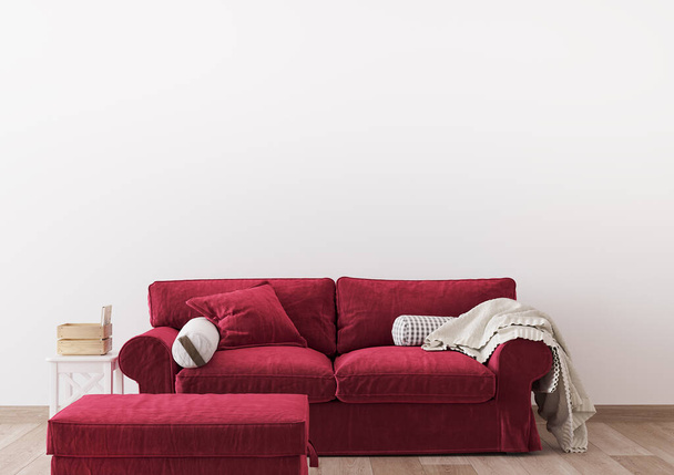 Red sofa in farmhouse interior, empty white wall mock up - Photo, Image
