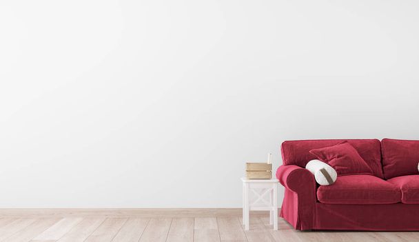 Red sofa in farmhouse interior, empty white wall mock up - Фото, изображение