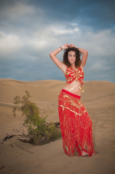 Woman belly dancer in desert dunes - Photo, Image