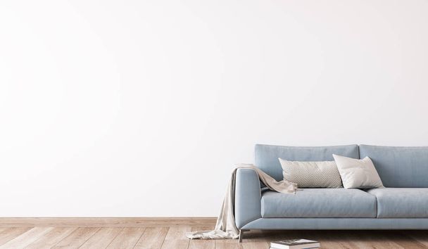 Blaues Sofa im modernen Wohnzimmerdesign, Wandattrappe, Panorama - Foto, Bild
