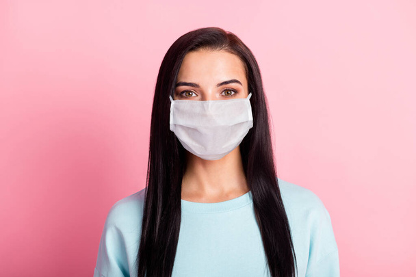 Photo of charming cute lady good mood wear medical respirator sweatshirt isolated pink color background - Foto, Bild
