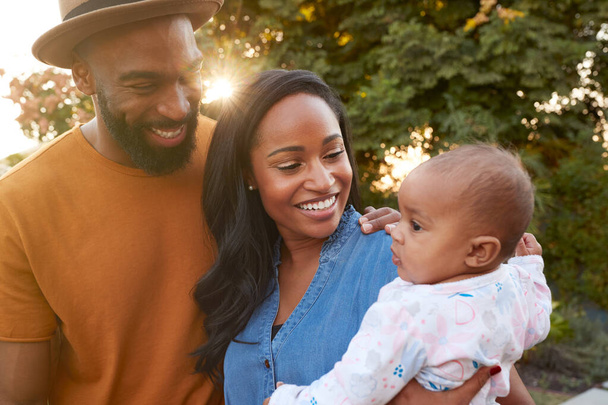 Portrait Of African American Family With Baby Daughter Relaxing In Garden At Home Together - Foto, Bild