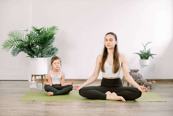 Beautiful family, attractive mother and pretty child daughter, sitting in meditation lotus yoga pose on green mat with closed eyes, relaxing together. Yoga exercise at home, family exercise - Fotoğraf, Görsel