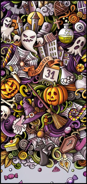 Feliz día de Halloween doodle banner diseño. Fondo de dibujos animados. Plantilla de folleto de celebración. Color raster vacaciones ilustración - Foto, imagen