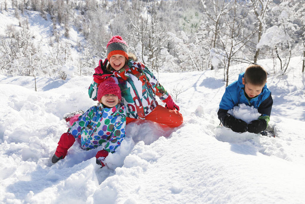 Grupo de crianças brincando na neve no tempo de inverno - Foto, Imagem