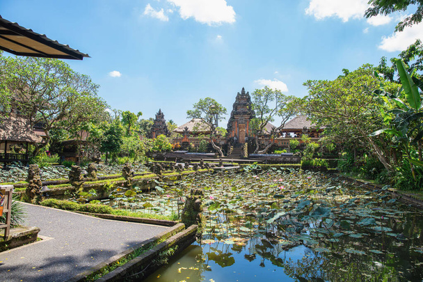 Belle vue sur l'étang avec des lotus et l'entrée du temple balinais à Ubud, Bali - Photo, image