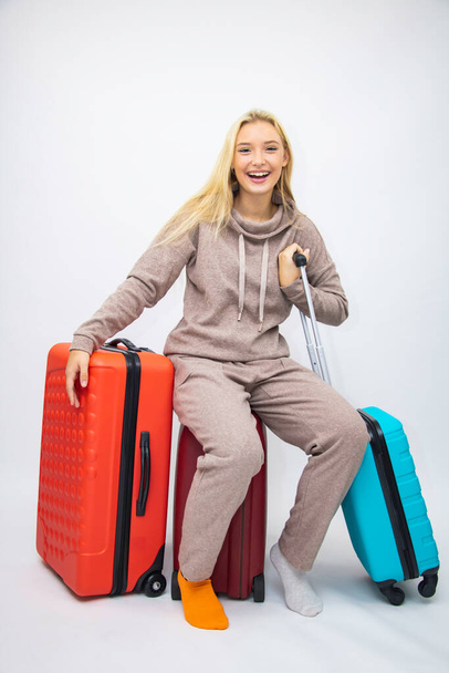 Travel vacation joy plane suitcases beautiful girly - Zdjęcie, obraz