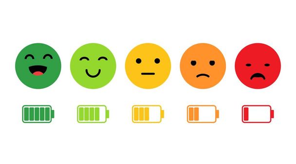 Hodnost, úroveň spokojenosti. Ikony tváří, Zpětná vazba v podobě emocí. Zkušenosti uživatelů. Přezkum spotřebitele. Měřítko s barevnými segmenty. nabití baterie je vysoké a nízké. Vektorová ilustrace - Vektor, obrázek