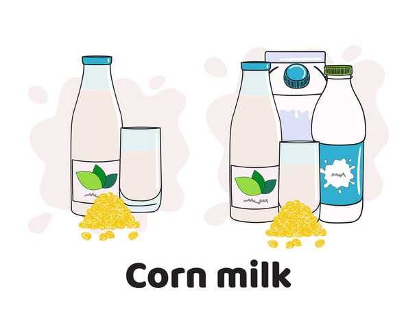 Templates with corn milk in glass, bottles and box. Vegan milk icons. Milk alternatives. Hand drawn vector illustration. - Vector, Image