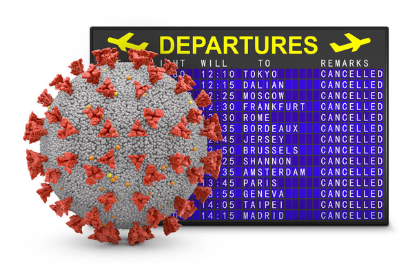 Coronavirus και το αεροδρόμιο πίνακα αναχώρησης με ακυρωμένες πτήσεις. 3d απόδοση. - Φωτογραφία, εικόνα