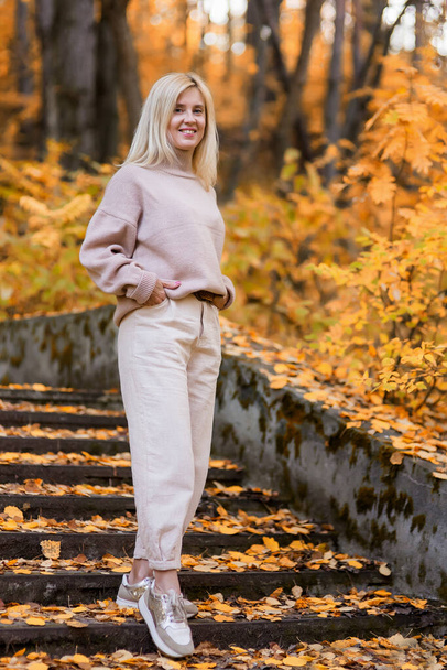 Woman enjoying autumn weather. Autumn portrait of a girl. Walk through the autumn park. - Photo, Image