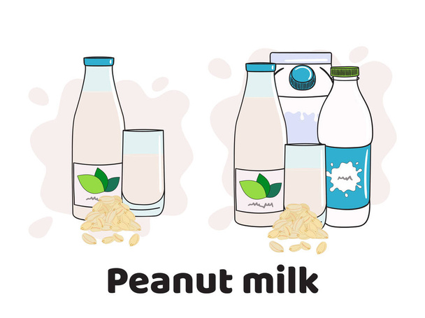 Plantillas con leche de maní en vaso, biberones y caja. Iconos de leche vegana. Alternativas a la leche. Ilustración vectorial dibujada a mano. - Vector, imagen