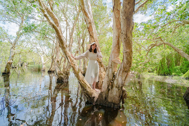 Retrato de mujer asiática, turista, con árboles en el jardín botánico de Rayong, bosque tropical de corteza de papel en el parque nacional en Tailandia. Personas estilo de vida aventura actividad recreación. - Foto, imagen