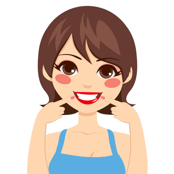 Beautiful brunette happy woman smiling showing her pretty white smile pointing fingers at mouth - Vector, Imagen