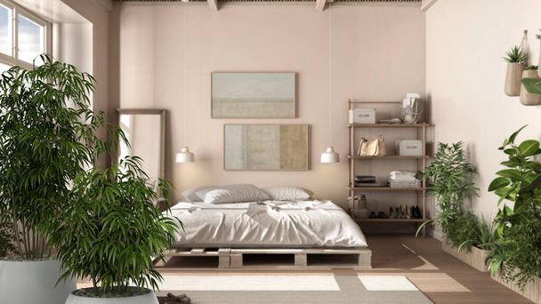 Zen interior with potted bamboo plant, natural interior design concept, modern rustic wooden bedroom, eco sustainable parquet floor, diy pallet bed, armchairs, interior design idea - Zdjęcie, obraz