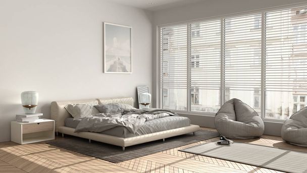 Dormitorio moderno en tonos pastel brillantes, gran ventana panorámica, cama doble con alfombra y puf, suelo de parquet de espiga, diseño interior minimalista, idea de concepto de relax - Foto, imagen