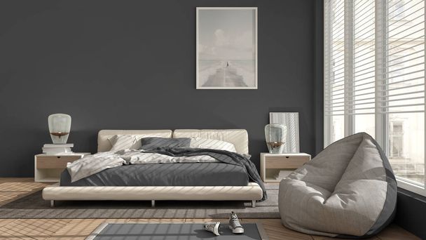 Modern bedroom in gray and pastel tones, big panoramic window, double bed with carpet and pouf, herringbone parquet floor, minimal interior design, relax concept idea - Photo, Image