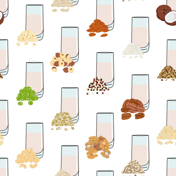 Naadloos patroon van glazen met plantaardige melk. Veganistische melk in glas - Vector, afbeelding