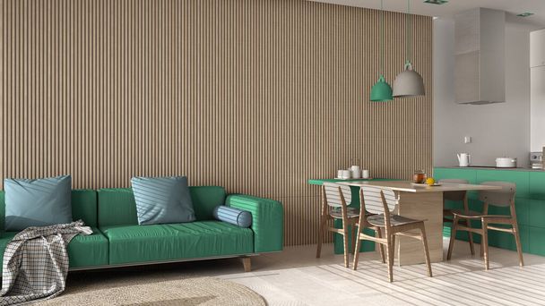 Moderne woonkamer in turquoise tinten en houten muurdetails, bank, eettafel met stoelen, keuken met eiland, apparaten en hanglampen. Marmeren vloer, interieur - Foto, afbeelding