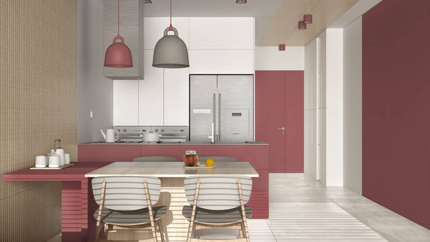 Moderne Küche mit Esszimmer in roten Tönen und Holz Wanddetails, Tisch mit Stühlen, Insel mit Pendelleuchten, Geräte und Dekore. Marmorfliesen Fußboden, Innenausbau - Foto, Bild