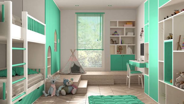 Modernes minimalistisches Kinderzimmer in türkisfarbenen Pastelltönen, Parkettboden, Etagenbett, Schränke mit Spielzeug, Puppen und Dekoren, weicher Teppich, Tipi, Einrichtungskonzept - Foto, Bild