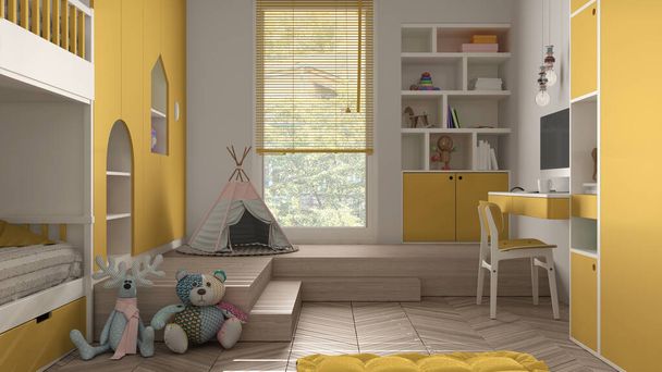 Nowoczesna minimalistyczna sypialnia dla dzieci w żółtych pastelowych kolorach, parkiet, łóżko piętrowe, szafki z zabawkami, lalki i dekoracje, miękki dywan, tipi, pomysł na wystrój wnętrz - Zdjęcie, obraz