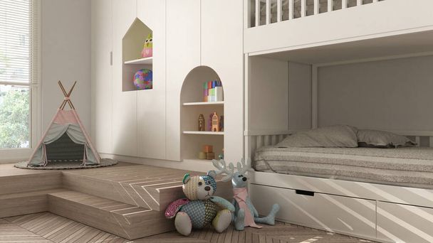 Nowoczesna minimalistyczna sypialnia dla dzieci w białych pastelowych odcieniach, podłoga z parkietu ze śledziony, łóżko piętrowe, szafki z zabawkami, lalki i dekoracje, miękki dywan, tepee, pomysł na wystrój wnętrz - Zdjęcie, obraz