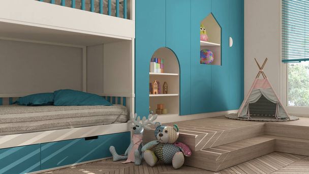 Modernes minimalistisches Kinderzimmer in blauen Pastelltönen, Fischgrätparkettboden, Etagenbett, Schränke mit Spielzeug, Puppen und Dekoren, weicher Teppich, Tipi, Einrichtungskonzept - Foto, Bild
