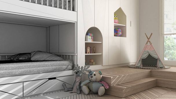 Projekt architektoniczny wnętrz: niedokończony projekt, który staje się prawdziwą, minimalistyczną sypialnią dla dzieci, parkietem, łóżkiem piętrowym, szafkami z zabawkami i dekoracjami, koncepcja designu - Zdjęcie, obraz