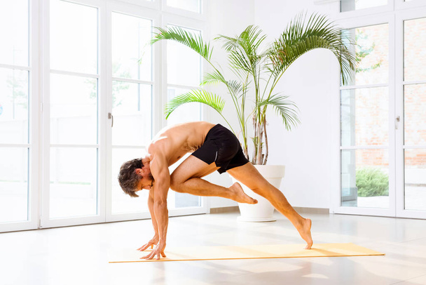 Man doing a knee plank seal to chest exercise to stretch the hip and lower back muscles in side view in a high key gym with copyspace in a health and fitness concept - Photo, Image