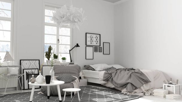 白い色調で北欧オープンスペース,ダブルベッドと装飾付きのベッドルーム,コーヒーテーブル,アームチェア,枕,カーペット,装飾品や鉢植え,寄木細工の床,モダンなインテリアデザイン - 写真・画像