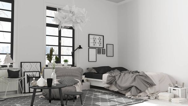 Espaço aberto escandinavo em tons brancos e cinza, quarto com cama e decorações, mesas de café, poltrona, travesseiros, carpete, decorações e plantas, piso em parquet, design de interiores moderno - Foto, Imagem