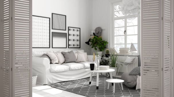 Apertura de la puerta plegable blanca en la sala de estar escandinava en blanco y negro, sofá, alfombra, mesas de centro, gran ventana panorámica, diseño de interiores, concepto de arquitecto diseñador, fondo borroso - Foto, imagen