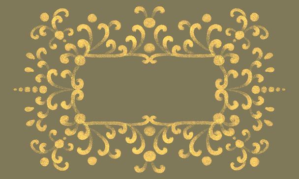 klassiek vintage frame met krullen en een sierlijk patroon. groene kaki achtergrond, gele penseelstreken. - Foto, afbeelding