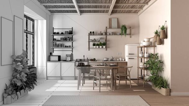 Концепция архитектора интерьера: незавершенный проект, который становится реальным, экологическая кухня кантри, устойчивый паркет, обеденный стол, бамбуковый потолок. Естественная утилизируемая архитектура - Фото, изображение