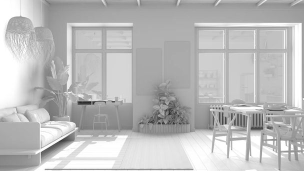 Totales weißes Projekt aus Landhaus-Wohnzimmer, Öko-Innenarchitektur, nachhaltigem Parkett, Esstisch, Stühlen, Holzregalen und Bambusdecke. Natürliches, recycelbares Architekturkonzept - Foto, Bild