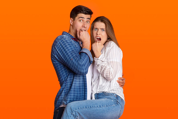 Omg, what is this and portrait of scared couple, human emotions and facial expression - Foto, afbeelding