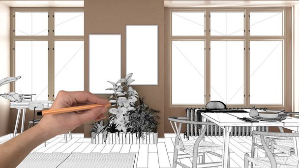 Unfinished project, under construction draft, concept interior design sketch, hand drawing design modern living room sketch in real background - Φωτογραφία, εικόνα