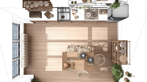 Незавершенный проект, проект проекта, эскиз концепции интерьера, настоящая кухня, столовая с чертежным фоном, архитектор и дизайнер идеи, вид сверху, план, выше - Фото, изображение